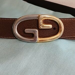 Vintage Gucci GG Gold/Silver Buckle Brown Soft Leather Belt
